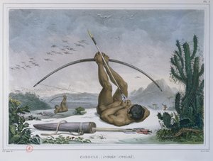 1839 में प्रकाशित वॉयज पिट्सटोर्स एट हिस्टोरिक एयू ब्रेसिल से एक धनुष और तीर के साथ काबोले भारतीय शिकार पक्षी