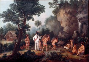 गुलामी; "" गुलामों का शिकार""" भारतीय परिवारों (ब्राजील से?) जीन बैप्टिस्ट डेब्रेट द्वारा पेंटिंग (1768-1848)। तेल के रंगों से केन्वस पर बना चित्र। साओ पाउलो, ब्राजील का संग्रहालय।