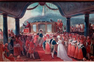1817 में हैब्सबर्ग-लोरेन (हैब्सबर्ग लोरेन) या ऑस्ट्रिया (1797-1826) से मैरी लियोपोल्डिन का रियो डी जनेरियो में आगमन, ब्राजील के सम्राट पीटर I से शादी करने के लिए दो मंगेतरों का प्रतिनिधित्व पुर्तगाल के राजा जोआओ VI (जॉन VI ज्ञात) के साथ किया जाता है। क्ली  द्वारा जीन बैप्टिस्ट डेब्रेट