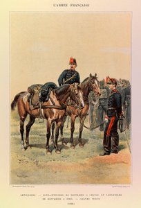 एडोर्ड डिटेल (1848-1912) द्वारा चित्रित कैप्टन जूल्स रिचर्ड की फ्रांसीसी सेना के प्रकार और वर्दी: आर्टिलरी: 1886 में बड़ी पोशाक में घोड़ों पर बैटरी के अंडर-ऑफिसर और पैदल बैटरी के गनर, निजी संग्रह द्वारा जीन बैप्टिस्ट एडौर्ड डिटेल