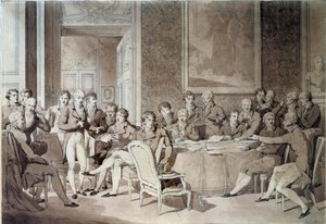 1814 में पेरिस संधि के बाद वियना कांग्रेस (1814-1815)। इसने आठ विश्व शक्तियों को फिर से जोड़ा और नेपोलियन प्रथम के साम्राज्य के पतन के बाद सीमाओं को फिर से परिभाषित करने की मांग की। अलेक्जेंडर I, रूस के ज़ार; एचआर स्टीवर्ट, कैसल्रेघ; फ्रेंकोइस जोसेफ I,
