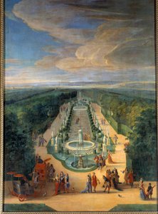 जीन-बैप्टिस्ट मार्टिन (द एल्डर) (1659-1735) द्वारा वर्साइल पेंटिंग के बगीचों में गैलेरी डेस एंटिक्स के ग्रोव का दृश्य 1688 के आसपास सूर्य। 2x1,4 मीटर वर्साय, मुसी डू चेटो