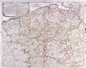 फ़्लैंडर्स काउंटी का नक्शा (वर्तमान में बेल्जियम के पश्चिमी और पूर्वी फ़्लैंडर्स) (उत्कीर्णन)