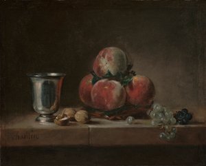 पीचिस, सिल्वर गोब्लेट, अंगूर और अखरोट के साथ फिर भी जीवन, c.1759-60 (कैनवास पर तेल)