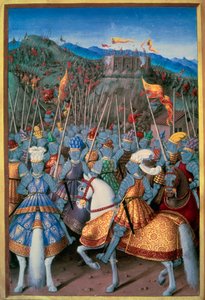 इतालवी युद्ध: राजा लुई XII (1462-1515) ने 1507 में अपने सैनिकों के साथ जीन पर हमला किया। जीन बौर्डिचॉन (1457-1521) 1510 पेरिस, बीएन द्वारा प्रकाशित जीन मारोट (1450-1526) द्वारा "ले वॉयज डी जीन" से लघुचित्र