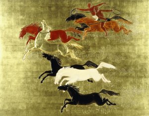 घोड़े की विजय; ला कॉनक्वेट डु चेवाल, c.1934 (एक लैक्क्विर्ड और गिल्ड्ड पैनल)