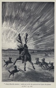 "हिरन उड़ गया, जबकि आकाश में आग की लपटों की तरह लाल बत्ती बुझ गई" (उत्कीर्णन)