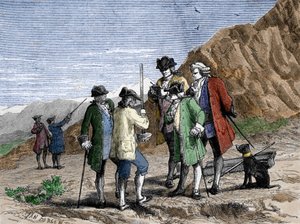 पुए डे डोम (1648) के शीर्ष पर ब्लेज़ पास्कल की हवा के गुरुत्वाकर्षण पर प्रयोग के दौरान इवेंजेलिस्टा टोरिसेली या टोरिसेली की ऊंचाई बैरोमीटर (पारा ट्यूब) को मापने वाले फ्लोरिन पेरियर। यान डार्जेंट द्वारा उत्कीर्णन।