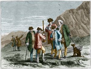पुए डे डोम (1648) के शीर्ष पर ब्लेज़ पास्कल की हवा के गुरुत्वाकर्षण पर प्रयोग के दौरान इवेंजेलिस्टा टोरिसेली या टोरिसेली के बैरोमीटर (पारा ट्यूब) की ऊंचाई को मापने वाले फ्लोरिन पेरियर। यान डार्जेंट द्वारा उत्कीर्णन।