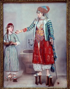 प्राच्यवाद: "" फ्रेंको महिला ने तुर्की और उसकी दासी के कपड़े पहने"" दो महिलाएं हम्माम में इस्तेमाल होने वाले लकड़ी के प्लेटफॉर्म पहनती हैं। जीन एटिने लिओटार्ड (1702-1789) 1742 डिम द्वारा पेस्टल पेंटिंग। 0,71 x 0,53 मीटर जिनेवा, म्यूसी ड द्वारा जीन ऑटिने लिओटार्ड