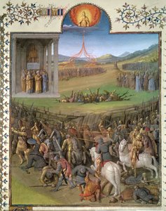 सुश्री फ्राँ 247 f.70 इब्रानियों की कनानियों और कोरा के विद्रोह और विद्रोहियों के खिलाफ लड़ाई, &39;एंटीकाइट्स जुदाईज़&39; से चित्रण, c.1470 द्वारा जीन फौक्वेट