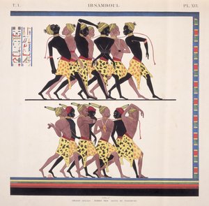 कलाकार, c.1835 द्वारा "मोन्यूमेंट्स डे l" मिस्री एट डे ला नुबी "से नूबियन दासों का चित्रण करते हुए इब्साम्बुल में भित्तिचित्रों की व्याख्या