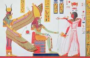 रमेस चतुर्थ (1153-1147 ईसा पूर्व) आइसिस और अमोन-रे को धूप देने की पेशकश करते हुए, एक सिंहासन पर बैठा, किंग्स की घाटी में अपने मकबरे से एक दीवार की पेंटिंग की नकल, जीन-फ्रेंकोइस के स्मारकों के लिए प्लेट 260 से स्मारक