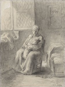 खिड़की से एक बच्चे के साथ बैठा महिला, c.1824-75 (कागज पर चाक) द्वारा जीन फ्रेंकोइस बाजरा