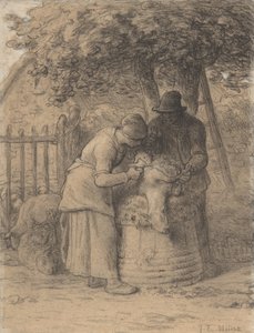 शीशे का आवरण, एक पेड़ के नीचे, c.1854 (कलम और भूरे रंग की स्याही के साथ क्रेयॉन) द्वारा जीन फ्रेंकोइस बाजरा