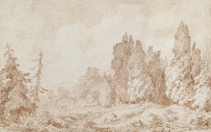 ब्रिज के साथ लैंडस्केप, c.1760 (ऑफ-व्हाइट पेपर पर लाल चाक) द्वारा जीन ऑनर फ्रैगनार्ड