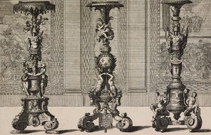 बड़े कांस्य कैंडलस्टिक्स, जीन बेरेन द्वारा उत्कीर्णन (1640-1711) एल'आर्ट पोर टूस से, एमिल रीबर द्वारा, औद्योगिक और सजावटी कला का विश्वकोश, नंबर 50, पेरिस