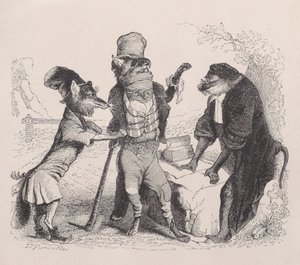 बंदर के सामने लोमड़ी के खिलाफ विनती करता भेड़िया, ca. 1838.