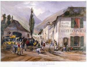 बेरेज के लिए सड़क पर लूज में एक स्टेजकोच का आगमन और मरम्मत, c.1840