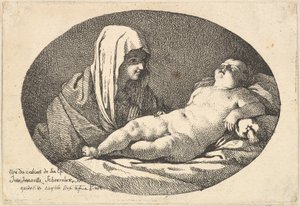 बाईं ओर वर्जिन शिशु क्राइस्ट को सोते हुए देख रहा है, एक अंडाकार रचना, ..., 1760-63 के बाद। द्वारा जीन जैक्स लैग्रेनी