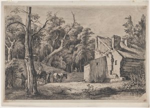 दाहिनी ओर कॉटेज के साथ ब्री के जंगल में प्रवेश, 1772। द्वारा जीन जैक्स डी बोइसियू