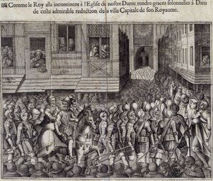 22 मार्च 1594 को पेरिस में हेनरी चतुर्थ (1553 - 1610) का प्रवेश और मास में भाग लेने के लिए कैथेड्रेल डी नोट्रे डेम जा रहे हैं - बोलरी के बाद जीन लेक्लर द्वारा उत्कीर्णन, मुसी डे नोट्रे डेम डे पेरिस द्वारा जीन लेक्लर्क