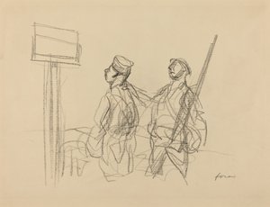 एक प्लेकार्ड को देखते हुए दो सैनिक, शायद 1918। द्वारा Jean Louis Forain
