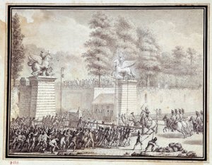 फ्रांसीसी क्रांति: "" 12 जुलाई 1789 को रॉयल जर्मन रेजिमेंट से एक टुकड़ी के साथ ट्यूलरीज में प्रवेश करने वाले महाशय डी लैम्बेस्क"" जीन-लुई प्रीउर (1759-1795) द्वारा स्याही और धुलाई में आरेखण