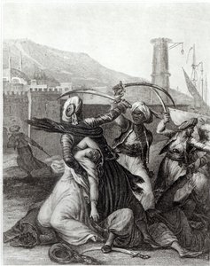 फ्रेंकोइस वोल्टेयर (1694-1778) द्वारा 'कैंडाइड' के अध्याय 11 से चित्रण (उत्कीर्णन) (बी/डब्ल्यू फोटो)
