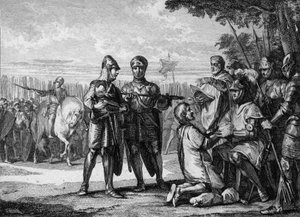 टर्ट्री की लड़ाई, ६८७: नेस्ट्रिया की सेना के विजेता, पेपिन द ज्यून या हेर्स्टल (लगभग ६५३-७१४), ऑस्ट्रेशिया के राजकुमार, नेउस्ट्रिया थियरी III (६५७-६९१) के राजा के अधिकार को मान्यता देते हैं। जीन मिशेल मोरो द्वारा उत्कीर्णन, dit Moreau le Jeune (1741-181 .)