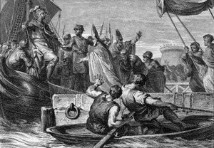 लुई IV d'Outremer (d'Outre Mer, d'Outre-Mer) (921-954) फ्रांस लौटे, 936: इंग्लैंड में निर्वासन, वह बोलोग्ने के बंदरगाह में रवाना हुए, जहां उनका स्वागत रिम्स के आर्कहेव, आर्थौड ने किया। जीन मिशेल मोरो द्वारा उत्कीर्णन, dit Moreau le Jeune (1741- द्वारा जीन-मिशेल द यंगर मोरो