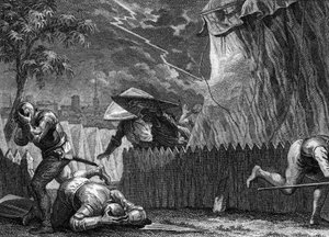 पोइटियर्स की घेराबंदी, 954: एक तूफान के दौरान, एक प्रकाश ने ह्यूग्स द ग्रेट (897-956) के तम्बू को नष्ट कर दिया। जीन मिशेल मोरो द्वारा उत्कीर्णन, dit Moreau le Jeune (1741-1814) द्वारा जीन-मिशेल द यंगर मोरो