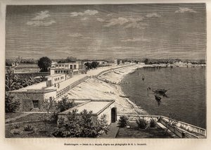 चंद्रनगर (वर्तमान में पश्चिम बंगाल में चंदननगर), गंगा के तट पर, जे.मोयनेट द्वारा चित्र के बाद उत्कीर्णन, राजाओं के भारत में यात्रा का चित्रण, 1864-1868 में, लुई रूसेलेट द्वारा, "" में प्रकाशित ले टूर डू मोंडे ”” 1874, संपादित