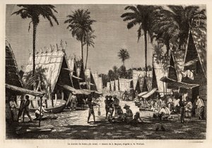 डोबो का मार्च, अरो द्वीप पर, एक बंदरगाह केंद्र, जो कई व्यापारियों और जहाज निर्माण द्वारा अनुप्राणित है, जे.मोयनेट द्वारा चित्र के बाद उकेरा गया है, जो अल्फ्रेड रसेल वालेस द्वारा 1854-1862 में मलेशियाई द्वीपसमूह की यात्रा को दर्शाता है। ), एक ब्रिटिश