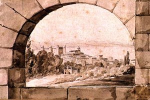 ब्रैकियानो के शहर और झील का दृश्य, c.1810 (कागज पर सेपिया वॉश के साथ कलम और सेपिया स्याही) द्वारा जीन थॉमस थिबॉल्ट
