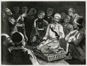 फ़ारसी कथाकार अपने दर्शकों को घेर लेता है। ट्रैवलर लेखक द्वारा उत्कीर्णन, कहानी "" फारस, चाल्दी और सुसियान "" को चित्रित करने के लिए द्वारा जेने ड्युलफॉय