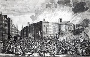7 जून 1780 को द रिओटर्स द्वारा न्यूगेट के बर्निंग, लूट और विनाश का एक सटीक प्रतिनिधित्व, हेनरी रॉबर्ट्स, 1781 द्वारा उत्कीर्ण द्वारा जेफ़रीज़ हैममेट ओ'नील