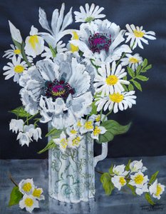 सफेद खसखस, Marguerites और फिलाडेल्फ़स, (gouache) द्वारा जोन थेवेसी