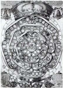 लैंकेस्टर और यॉर्क के परिवारों के गुलाब का संघ, 1589 (प्लेट उत्कीर्णन) द्वारा जोडोकस होंडियस