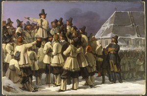 Le roi Gustave I Vasa (1496-1560) s'adresant aux hommes de Dalecarlie a Mora - स्वीडन के राजा गुस्ताव वासा, सैंडबर्ग, जोहान गुस्ताफ़ (1782-1854) द्वारा मोरा में दलारना से पुरुषों को संबोधित करते हुए। तेल के रंगों से केन्वस पर बना चित्र