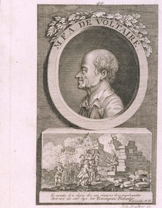 लेखक, निबंधकार और दार्शनिक फ्रेंकोइस मैरी एरोएट डे वोल्टायर 1694-1778 का चित्र