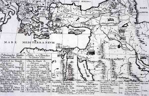 'ऐतिहासिक वास्तुकला के डिजाइन' की पहली पुस्तक में उद्धृत स्थानों का नक्शा द्वारा जोहान बर्नहार्ड (बाद) फिशर वॉन एरलाच