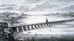 जोहान एडम डेलसेनबैक (1687-1765) 1721 (उत्कीर्णन) द्वारा उकेरी गई 'डिजाइन ऑफ ए हिस्टोरिकल आर्किटेक्चर' से फोचेउ और नानताई, चीन के बीच ग्रेट चाइनीज ब्रिज