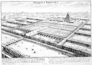 जोहान एडम डेलसेनबैक (1687-1765) 1721 (उत्कीर्णन) द्वारा उकेरी गई 'डिजाइन ऑफ ए हिस्टोरिकल आर्किटेक्चर' की प्लेट 3 में हैंगिंग गार्डन और जुपिटर बेलस के मंदिर को दिखाते हुए प्राचीन बाबुल का दृश्य