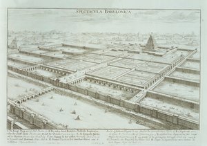 1721 के &39;डिजाइन ऑफ ए हिस्टोरिक आर्किटेक्चर&39; से रॉयल पैलेस और बेबीलोन के हैंगिंग गार्डन का मनोरम दृश्य द्वारा एर्लाच के जोहान बर्नहार्ड फिशर