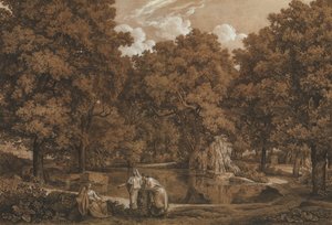 एक झील पर तीन आकृतियों वाला अर्काडियन लैंडस्केप, 1792।