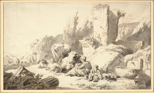 शास्त्रीय खंडहर के बगल में अपने परिवार और मवेशियों के साथ एक गोताखोर द्वारा जोहान हेनरिक रोज