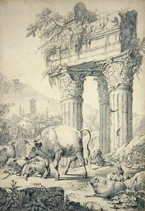 कैम्पगनियन परिदृश्य में गाय (कागज पर ग्रेफाइट और कलम) द्वारा जोहान हेनरिक रोज