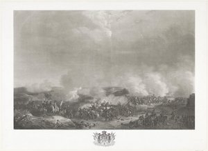 1815 में क्वात्रे-ब्रास की लड़ाई में प्रिंस ऑफ ऑरेंज ब्रसेल्स में विलियम I के आगमन और उद्घाटन तथा 1815 में क्वात्रे-ब्रास और वाटरलू की लड़ाई की बारह प्लेटें (श्रृंखला का शीर्षक) द्वारा जोहान हर्लीमैन