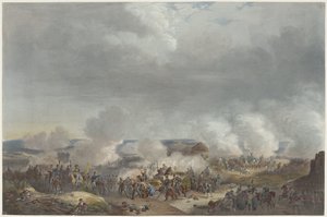 1815 में क्वात्रे-ब्रास की लड़ाई में प्रिंस ऑफ ऑरेंज ब्रसेल्स में विलियम I के आगमन और उद्घाटन तथा 1815 में क्वात्रे-ब्रास और वाटरलू की लड़ाई की बारह प्लेटें (श्रृंखला का शीर्षक) द्वारा जोहान हर्लीमैन